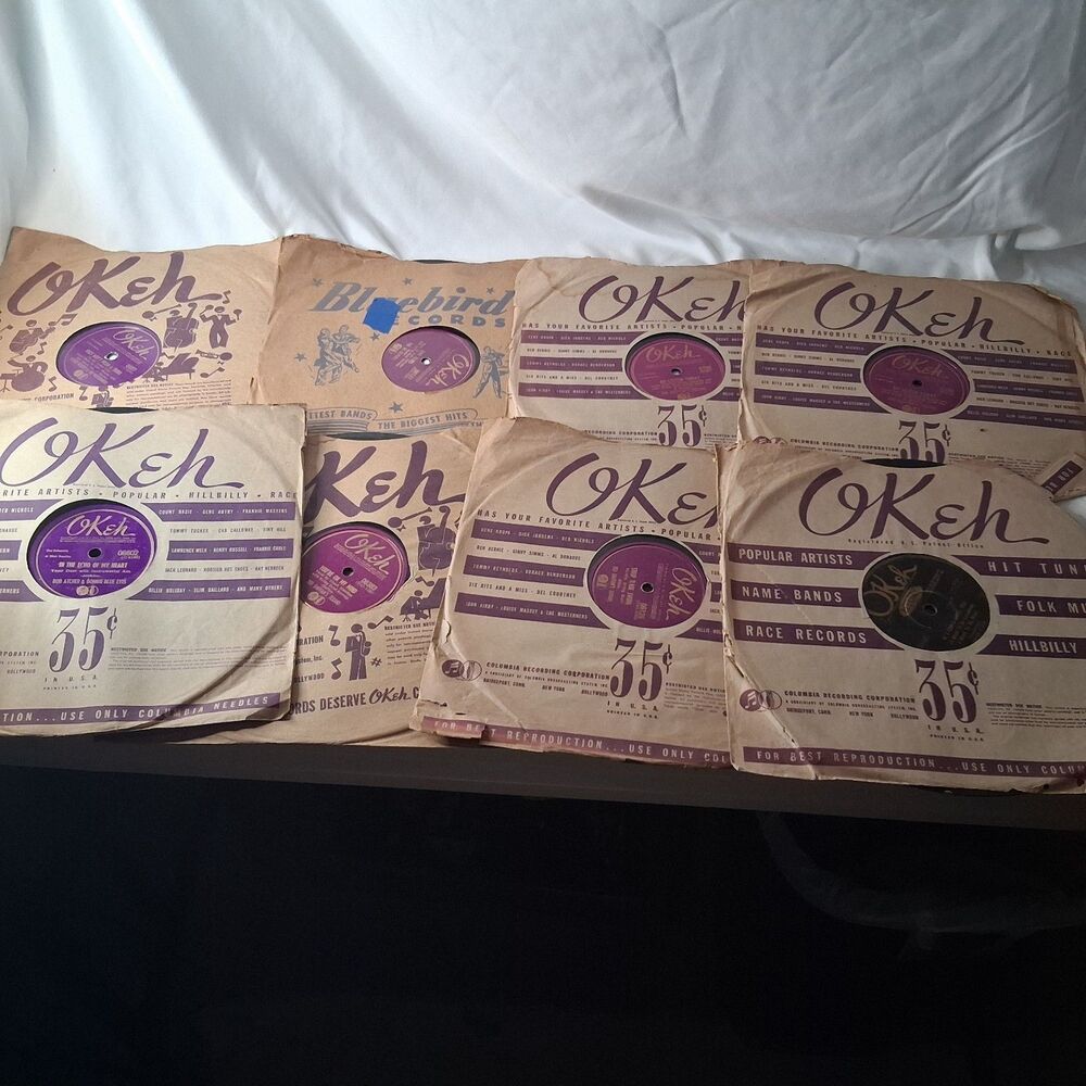 8 Vintage Okeh 78 RPM Records + Bluebird Sleeve 1940s Country Blues Lot